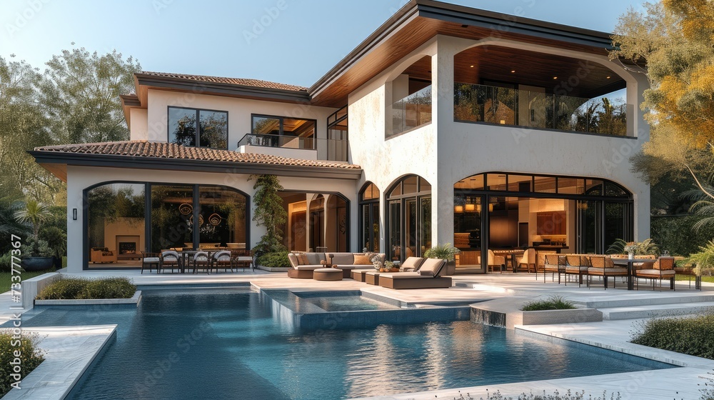 Modern house with a luxurious backyard. Generative AI.