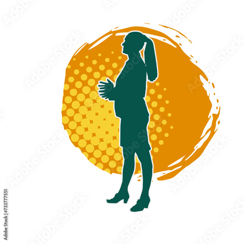 Silhouette of a secretary or female office worker wearing formal business suit.
