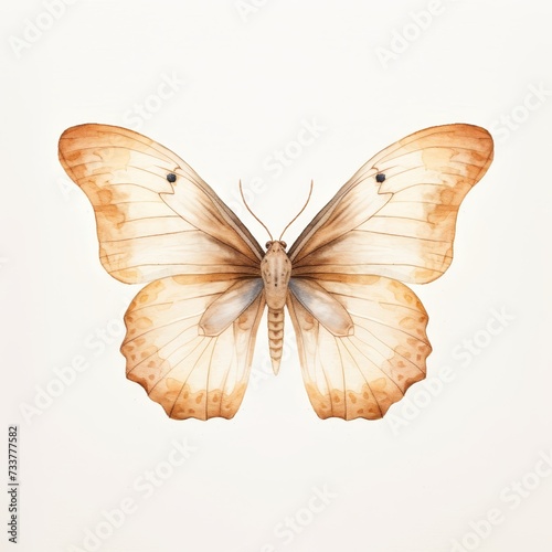 A delicate watercolor illustration of a wild butterfly with intricate wing patterns, portrayed in soft hues against a white background.  © Zuyu