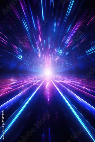 Futuristic retro background with rainbow comets. Abstract neon light background, empty space scene. Speed of light in galaxy. Explosion in universe. Cosmic backdrop