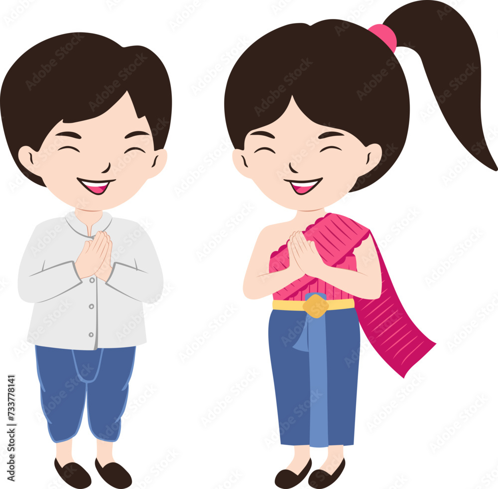 Cute Couple Thai Kids In Traditional Costume Illustration Cute Couple Thai Kids In Traditional Costume Illustration