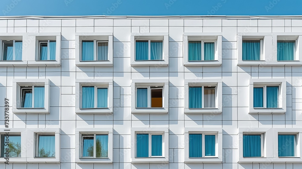 A white building facade, windows, front view. Generative AI. A white building facade, windows, front view. Generative AI.