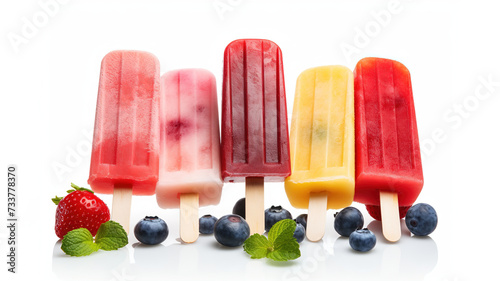 Homemade popsicle with different fruits, on a white background top view. Ice cream without sugar.