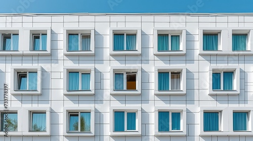 A white building facade, windows, front view. Generative AI.