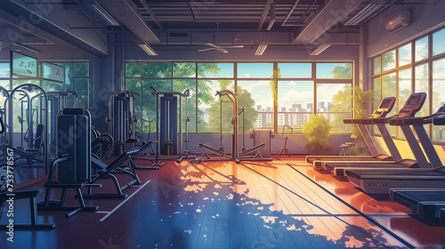 Bright and bold anime gym scene background in high definition