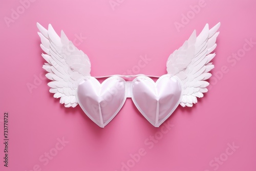 Two hearts in protective masks with angel wings on pink background. Coronavirus pandemic concept. Flat lay, top view, copy space. Valentine's day, Mother's day, Women's Day, Wedding, love concept