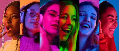Collage made of different young women of various nationality listening to music in headphones against multicolored neon background. Concept of human emotions, diversity, youth, happiness