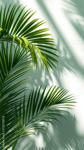 A palm leaves against grey background  in the style of light white and light emerald. Generative AI.