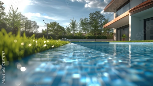 A swimming pool background and grass residential zone daylight in the shade a building next to. Generative AI. photo