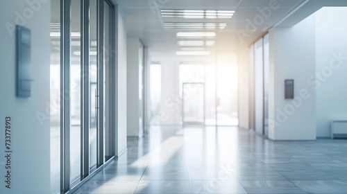 Bright and modern office corridor with sunlight streaming through glass doors, creating a welcoming business environment.