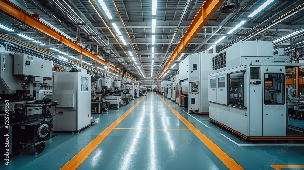 Fototapeta premium A factory interior with automated machines. Generative AI.