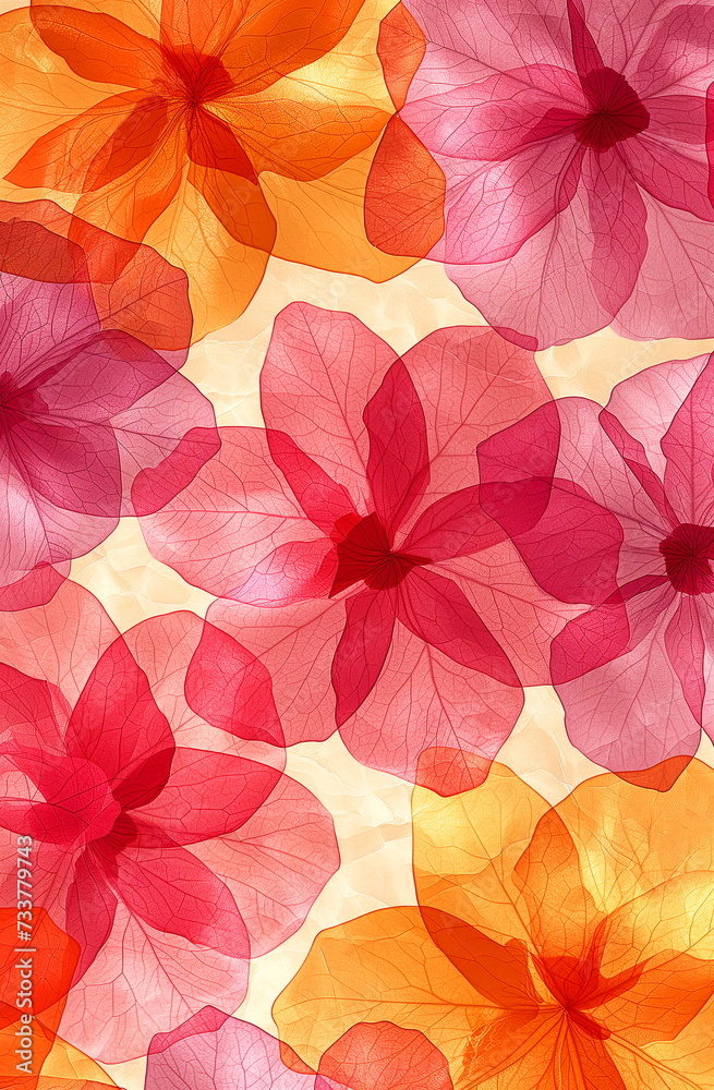 Vividly colored translucent flower petals overlapping, creating an abstract floral design.