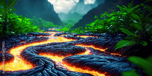 vulkanisch flüssige orange leuchtende Magma oder Lava fließt in Bächen, wie ein Fluß nach einem Vulkan Ausbruch gefährlich heiß brennend verschlingt es Leben und läßt neue Erde entstehen Asche Glut photo