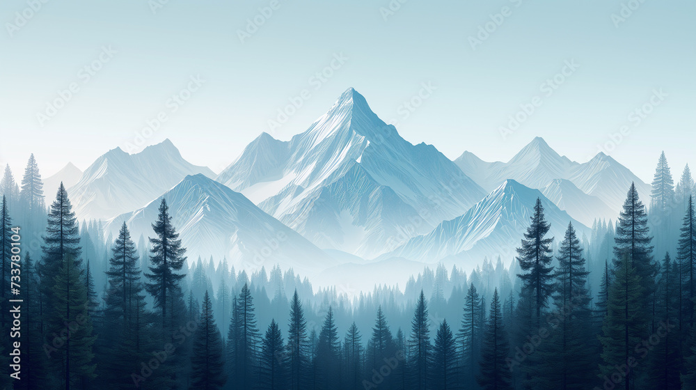 Snow-Capped Mountains in Misty Forest: Serene Landscape, Ideal for Wallpapers, Prints, Nature Enthusiasts. Pine Trees, Blue Sky, Wilderness Exploration