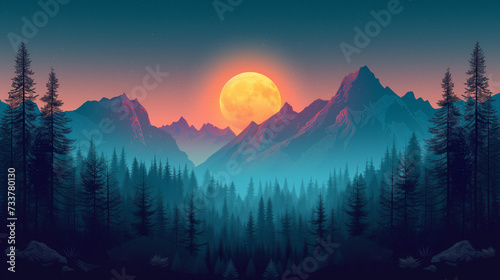 Mystical Full Moon Over Misty Forest and Majestic Mountains