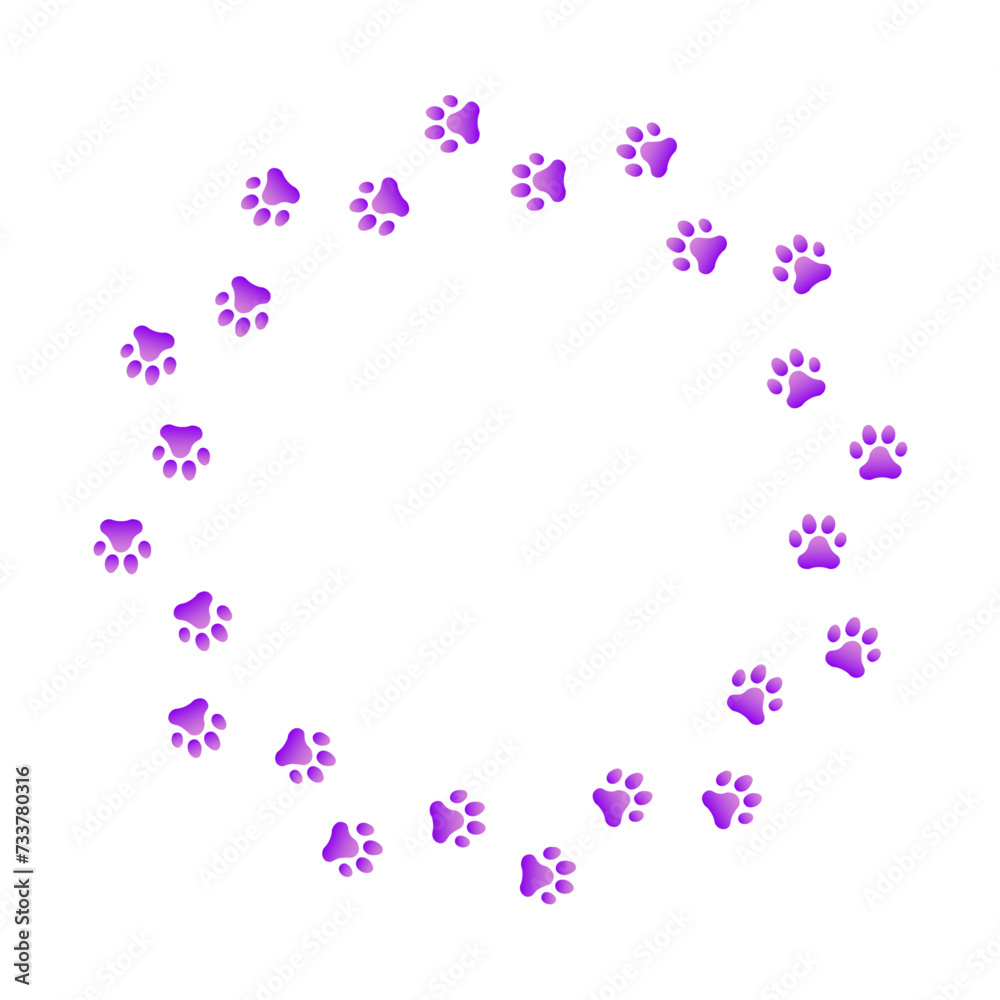 Paw print trail on white background. Vector cat or dog, pawprint walk circle path pattern background. Paw print trail on white background. Vector cat or dog, pawprint walk circle path pattern background.