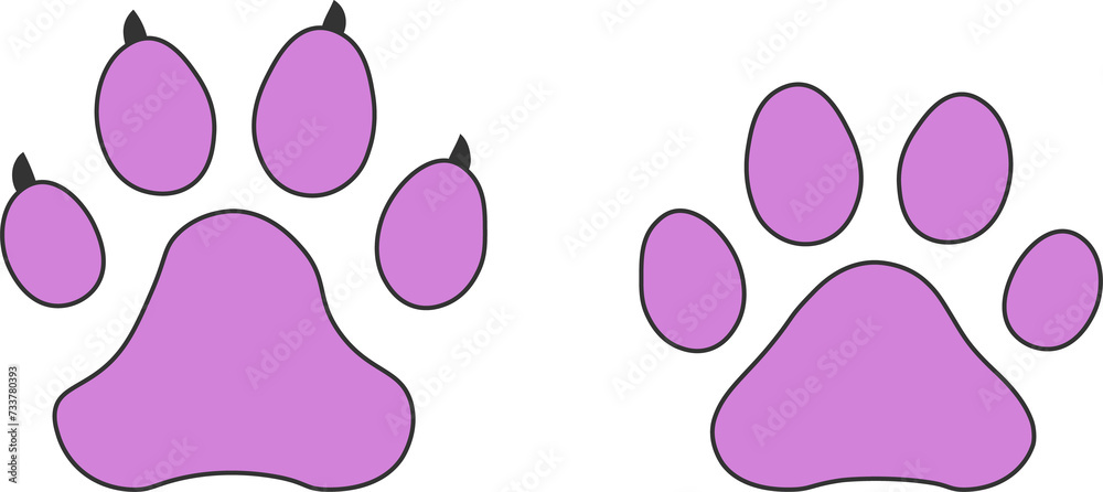 Dog and cat pawprint. Different animal paw print vector illustrations.