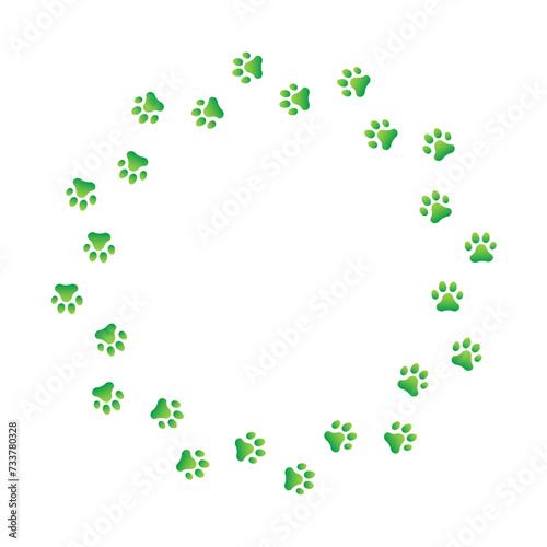 Paw print trail on white background. Vector cat or dog  pawprint walk circle path pattern background.