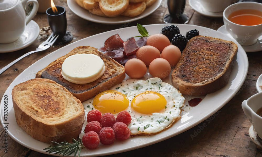 full English breakfast. tea , toast, omelet And butter full English breakfast. tea , toast, omelet And butter