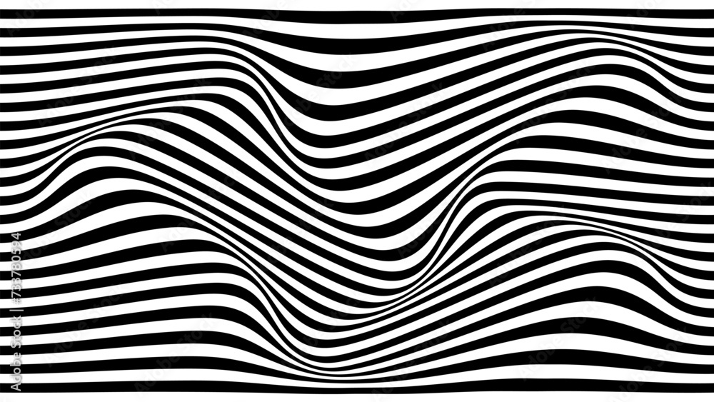 Optical illusion wave. Abstract vector background with black and white lines. Pattern distorted texture.