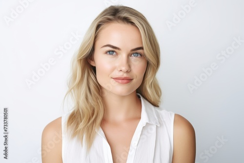 Portrait of a beautiful young woman with blond hair, isolated on white background