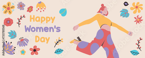 8th March Happy Women's Day banner with happy free woman jumping in air.  Colored flat vector illustration isolated on simple background. Concept of freedom, happiness and aspirations