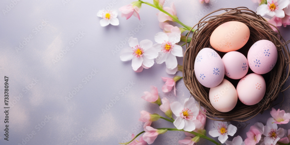 Easter background. A flowering branch. A basket with Easter eggs. Easter.  Generated illustration of artificial intelligence.