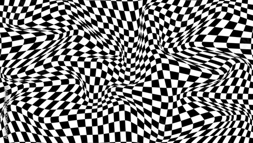 Futuristic checkerboard wave. Abstract vector wave with moving square. Chess board black and white background.