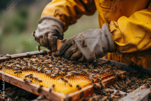 bees on a honeycomb in the hands of a beekeeper collecting honey