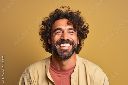 Portrait of a handsome man with curly hair laughing over yellow background © Iigo