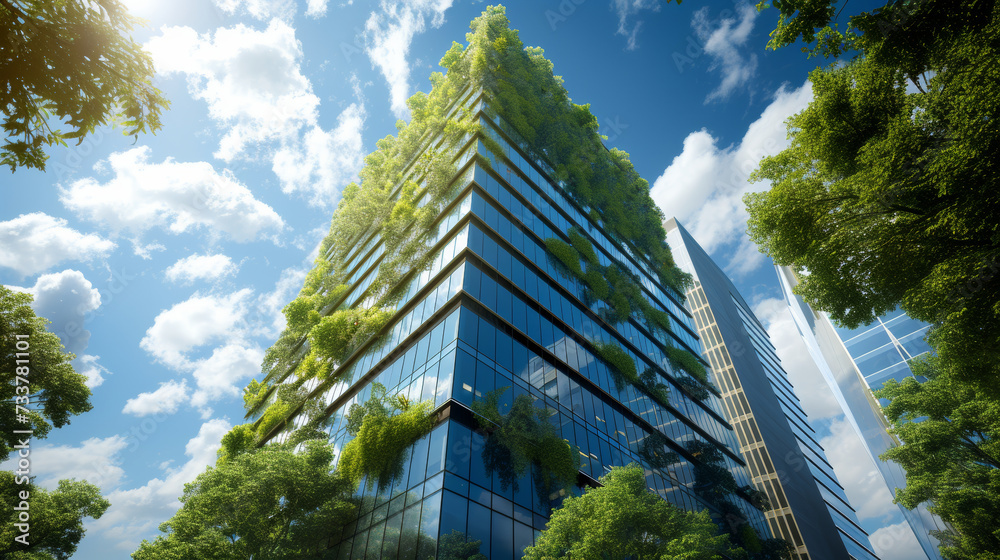 office building with tree for reducing carbon dioxide, Eco green environment , Modern Eco-Friendly Building with Vertical Gardens, Contemporary building featuring vertical gardens on balconies, blendi