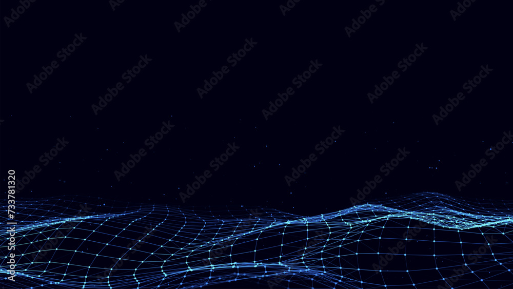 Abstract vector technology wave of particles. Big data visualization. Background with motion dots and lines. Artificial intelligence. Abstract vector technology wave of particles. Big data visualization. Background with motion dots and lines. Artificial intelligence.