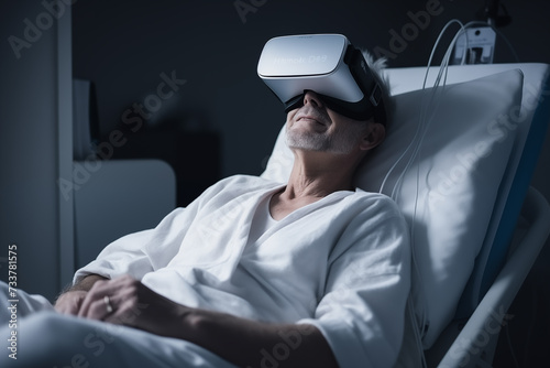 A bedridden patient in hospital having fun while wearing virtual reality glasses