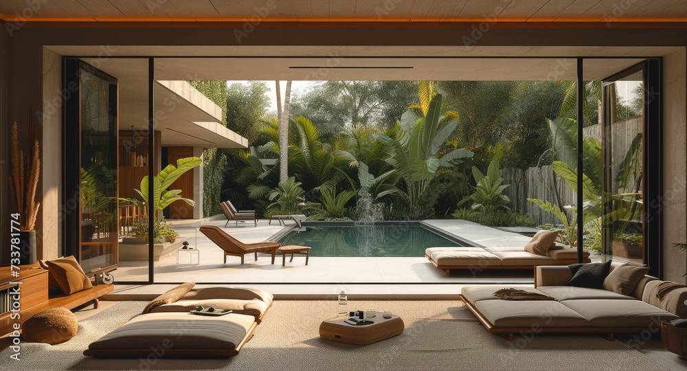 Fototapeta premium Big and tall minimalist aluminum sliding door in a luxurious minimalist living room over looking tropical garden and swimming pool with outdoor furniture. Generative AI.