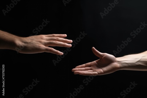 Two human hands reaching out to one another, almost touching, in front of dark background. Hands concept. Help me. Romance. Copy space. Valentine's day, Mother's day, Women's Day, Wedding