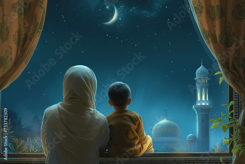 Mother and son look through window enjoying night mosque against moon. Family shares moment of quiet contemplation admiring beauty of night time, close-up