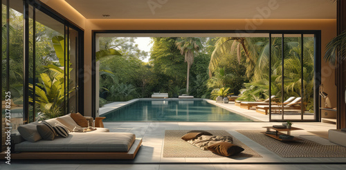 Big and tall minimalist aluminum sliding door in a luxurious minimalist living room over looking tropical garden and swimming pool with outdoor furniture. Generative AI. © visoot