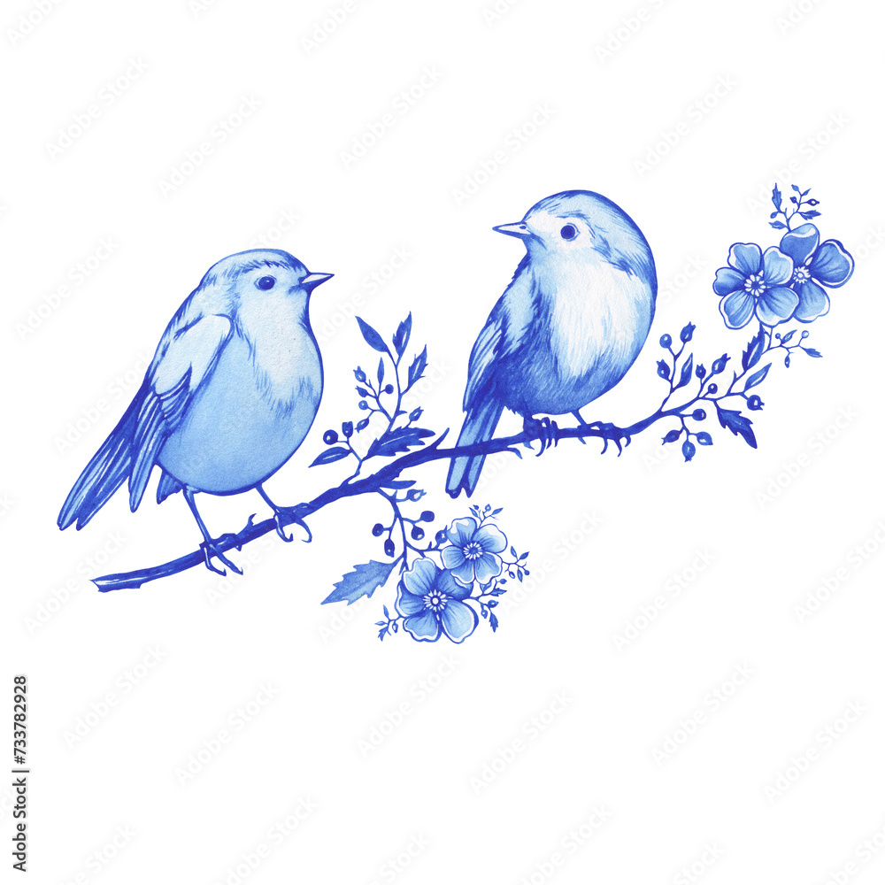 Couple blue robin birds sitting on a branch in Toile de Jouy fabric style. Hand drawn monochrome watercolor painting illustration isolated on white background