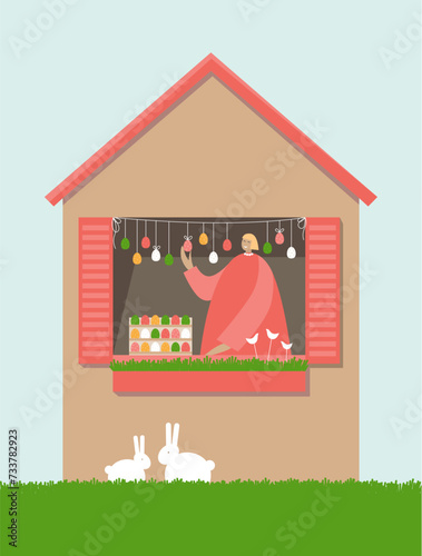 Illustration of the Easter market with the garland of Easter eggs and Easter bunnies