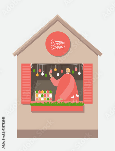 Illustration of the Easter market with the house with garland of Easter eggs and Easter bunnies on the nature