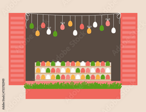 Illustration of the Easter market showcase with the garland and stand with the Easter eggs