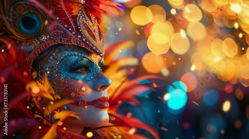 Experience the vibrant electric atmosphere of Rio's carnival parade, showcasing an array of musicians, dancers, and massive crowds against the backdrop of the city's iconic landmarks. © HappyTime 17
