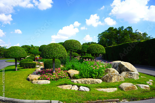 Decorate the garden with mushroom shape shrubs, flowers and rocks with the sky and clouds as a backdrop.         