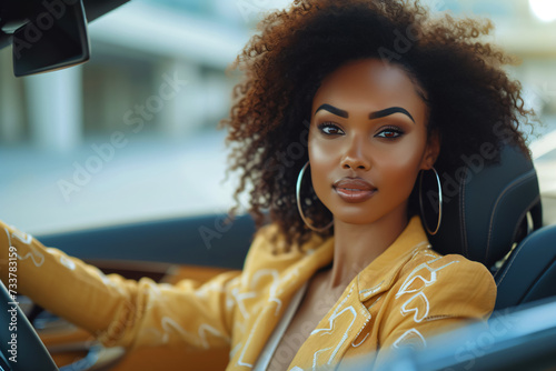 a beautiful luxury black woman driving a car
