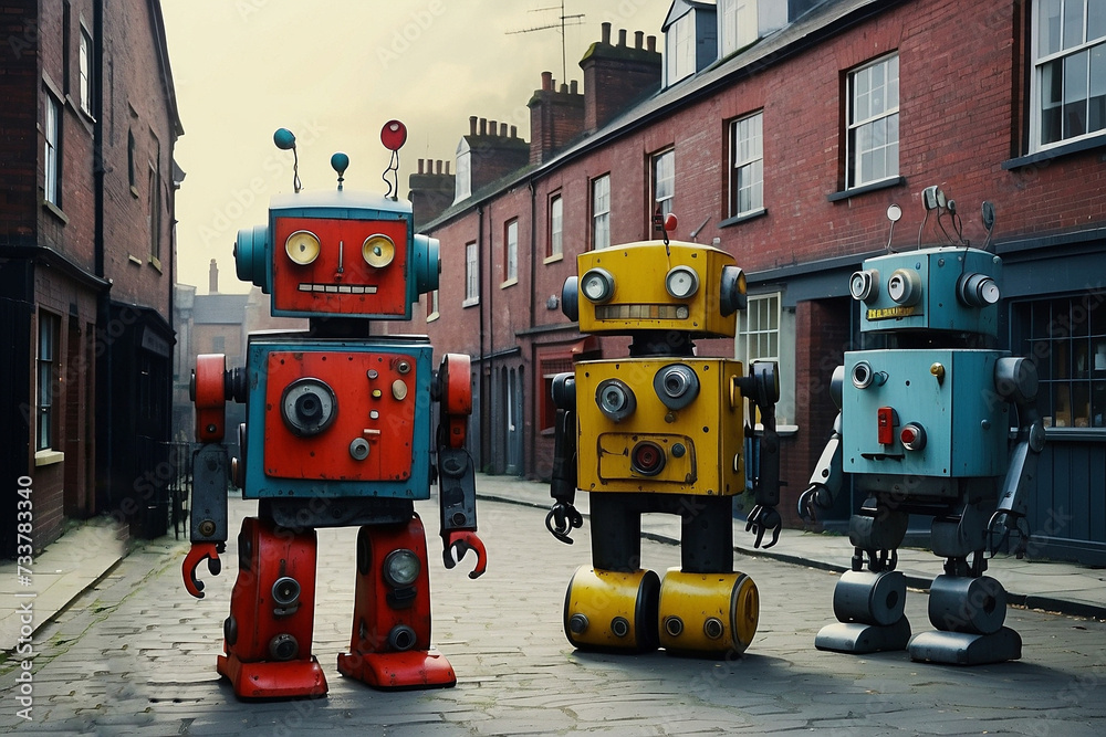 Fototapeta premium Retro Robots in the street