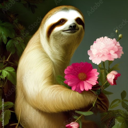 Portrait of a Cute funny Sloth with beautiful pink flowers