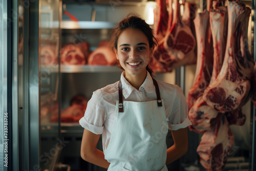Butcher girl and meat