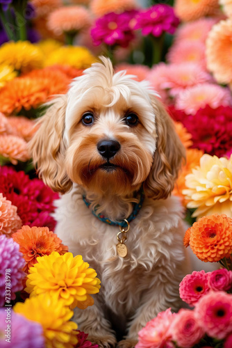 cockapoo puppy dog with colourful spring / summer flowers