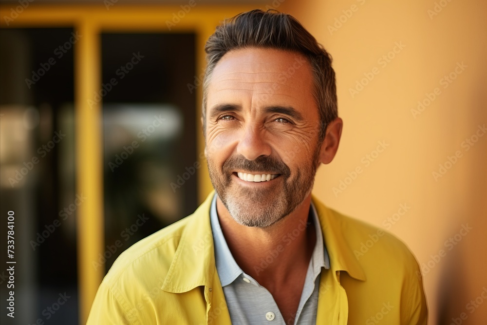 Portrait of handsome middle-aged man in yellow shirt smiling. Portrait of handsome middle-aged man in yellow shirt smiling.