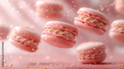 Tipici dolci francesi, macarons colorati in volo in uno studio fotografico